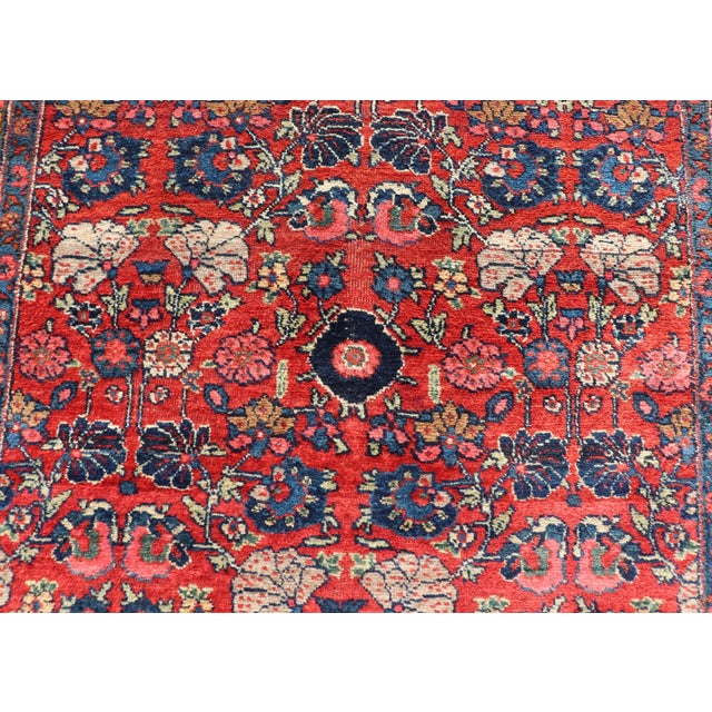 Early 20th Century Antique Persian Bidjar Rug With Red Field and Bold Blue Floral Design 4'5 X 6'5 For Sale - Image 5 of 12