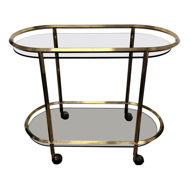 Italian Two-Tier Brass and Glass Bar Cart with Dark Glass Top by Milo Baughman, 1970s For Sale