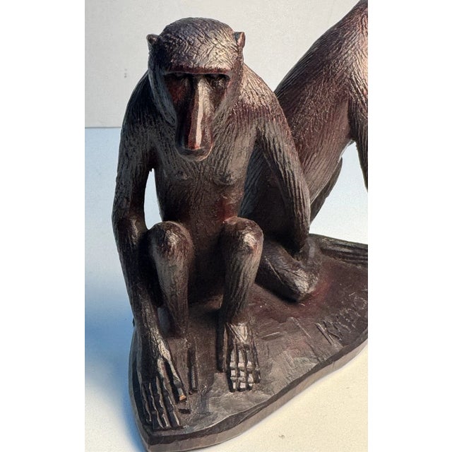Vintage African Folk Art 2 Hand Carved Wooden Monkeys Figurine For Sale - Image 4 of 10