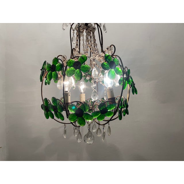 Green flower macaroni light pendant 1950’s bronze frame height including chain and ceiling canopy 105 cm width 35 cm depth...