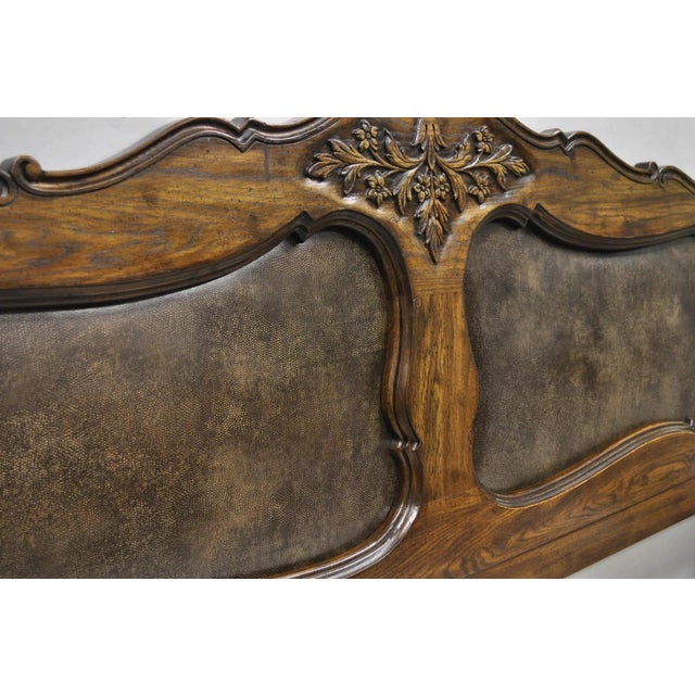Late 20th Century Vintage French Country Provincial Oak Wood Upholstered Panel King Bed Headboard For Sale - Image 5 of 12