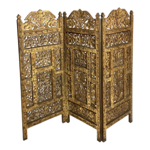 Antique Chinese Hand Carved Wood Three Panel Small Screen 36” Tall