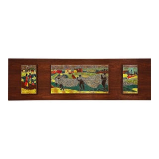 Mid-Century Modern Harris Strong Triptych Tile Wall Plaque of a Fishing Village For Sale