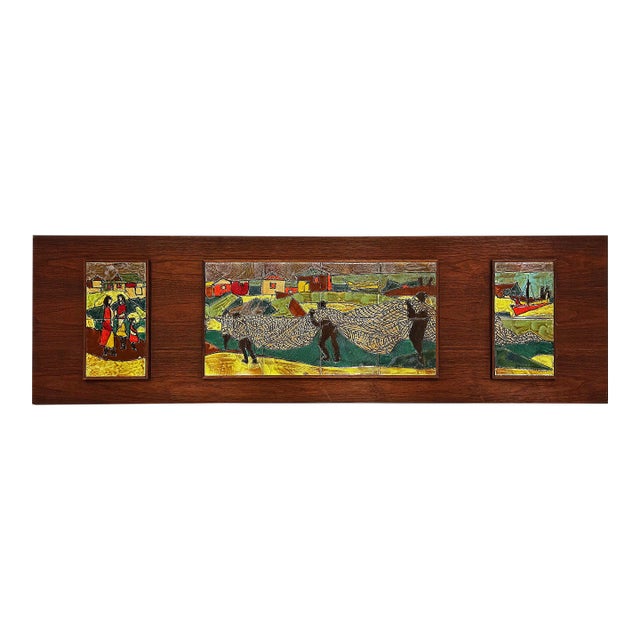 Mid-Century Modern Harris Strong Triptych Tile Wall Plaque of a Fishing Village For Sale