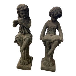 Vintage European Style Cast Iron Seated Putti Statues on Fluted Pedestals