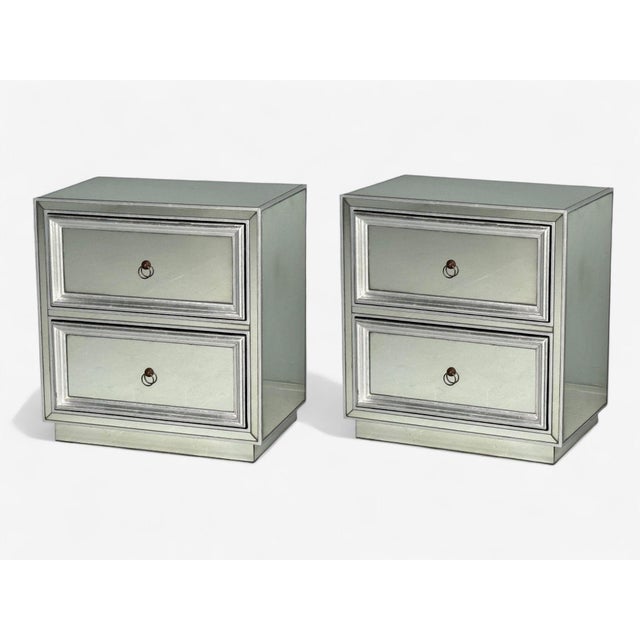 Hollywood Regency Style, Silver Leaf, Distressed Glass, Mirrored Nightstands Pair of Hollywood Regency style nightstands...