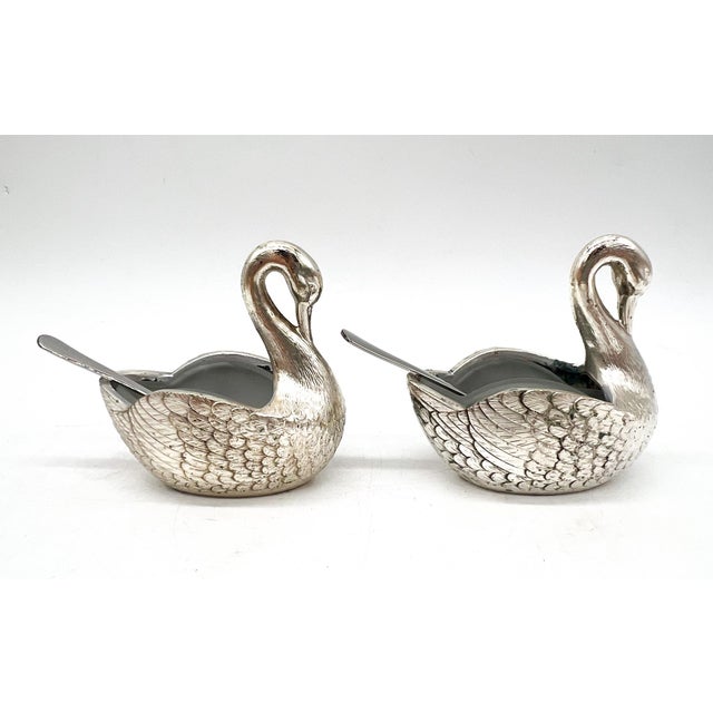 Set of Four Silver -Plated Swan Salt Cellars With Glass Inserts and Spoons — Vintage Tableware, Hollywood Regency Style For Sale - Image 9 of 12