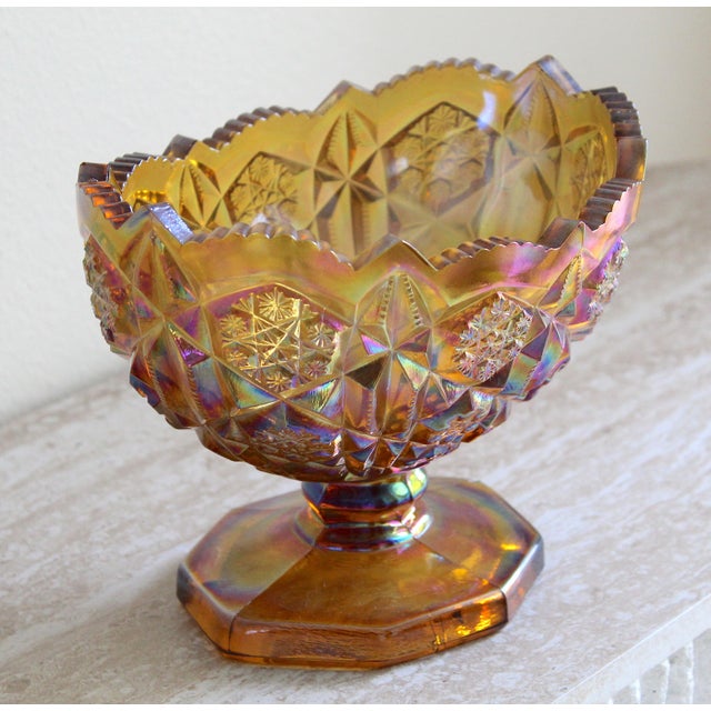 Hollywood Regency Vintage l.e. Smith Heritage Amber Carnival Glass Oval Pedestal Compote Bowl For Sale - Image 3 of 13