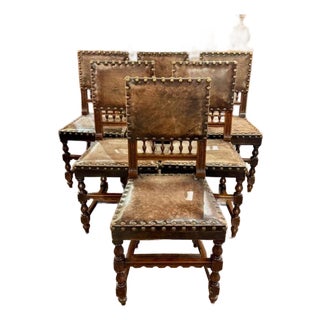Set of 6 Antique Century French Walnut and Leather Dining Chairs For Sale