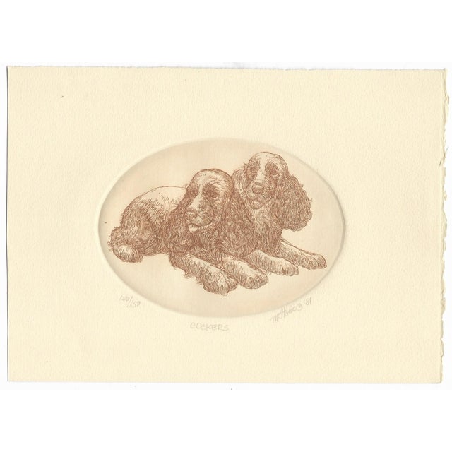 Dog etching by Colorado artist Marsha Howe, "Cockers" pencil signed, dated 1981 and numbered 140 of 150. Combined shipping...