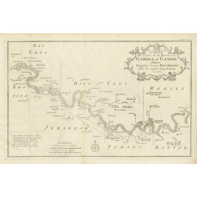 Antique map titled 'Carte du Cours de la Riviere de Gambra ou Gambie (\.)'. Detailed map of Gambia, West Africa,...