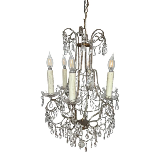 Vintage Macaroni Beaded Arm Crystal Birdcage Chandelier For Sale