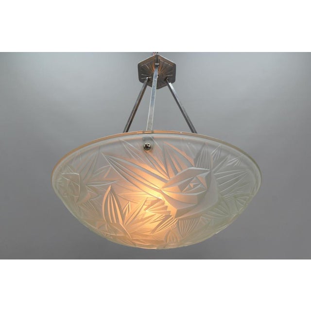 Art Deco French Chromed Brass and Frosted Glass Pendant Light by Noverdy, 1930s For Sale - Image 4 of 18