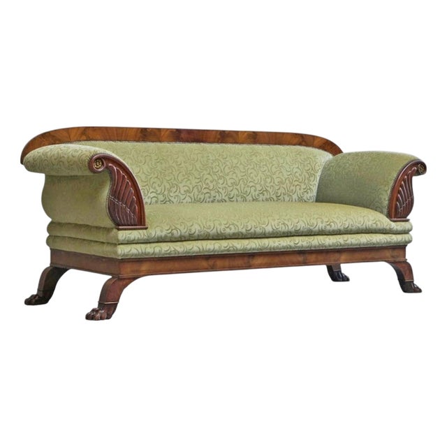 Sculptural Regency Sofa in Figured Mahogany Veneer and Velvet, 1800s For Sale