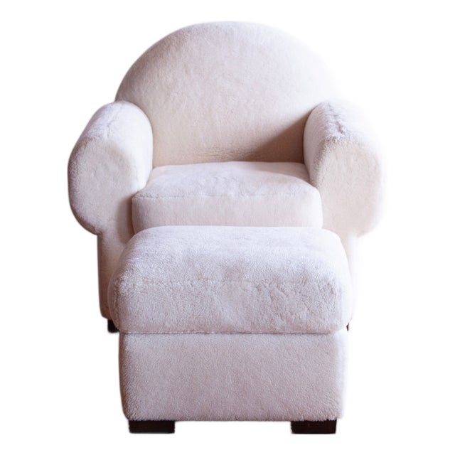 1980s Art Deco Club Chair and Ottoman in Edelman Shearling. For Sale