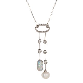 Early 20th Century Antique Edwardian Negligee Necklace Opal Diamond Pearl Platinum Vintage For Sale