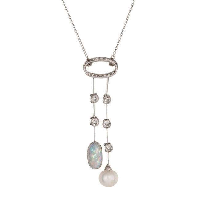Early 20th Century Antique Edwardian Negligee Necklace Opal Diamond Pearl Platinum Vintage For Sale