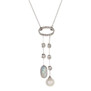 Early 20th Century Antique Edwardian Negligee Necklace Opal Diamond Pearl Platinum Vintage