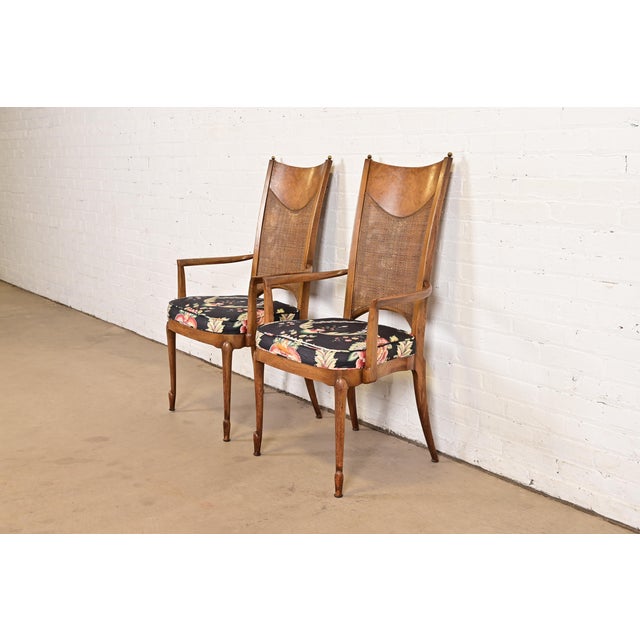 Mid-Century Modern William Doezema for Mastercraft Mid-Century Modern Hollywood Regency Burl Wood and Cane Back Armchairs, Pair For Sale - Image 3 of 12