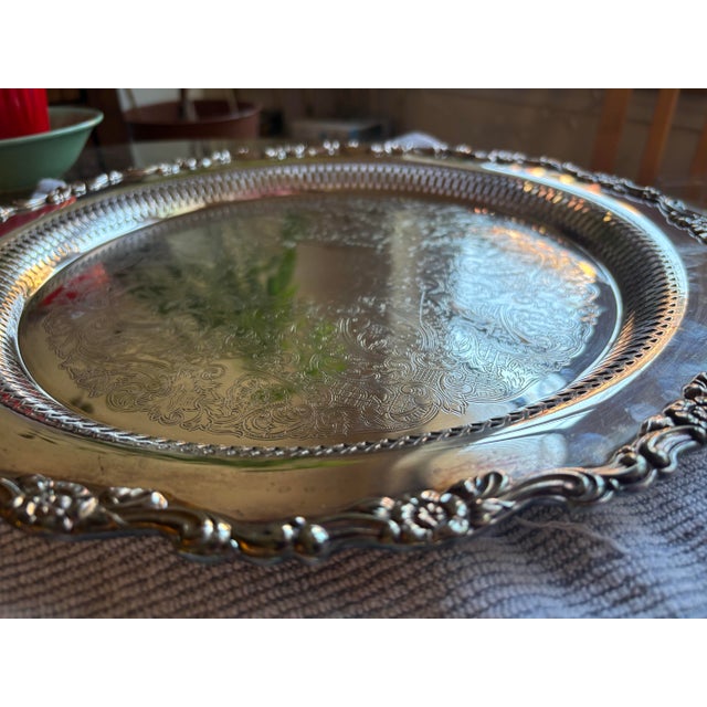 Metal Ornate Vintage 15” Round Oneida Silver-Plated Gallery Tray - Made in Usa For Sale - Image 7 of 7