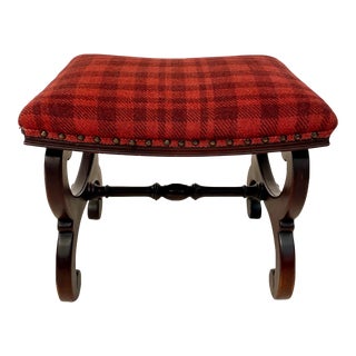 Vintage Traditional Wood Ottoman Footstool With Red Plaid Wool For Sale