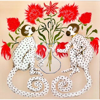 "Monkeys Red Flowers" Contemporary Acrylic Painting by Paige Gemmel For Sale