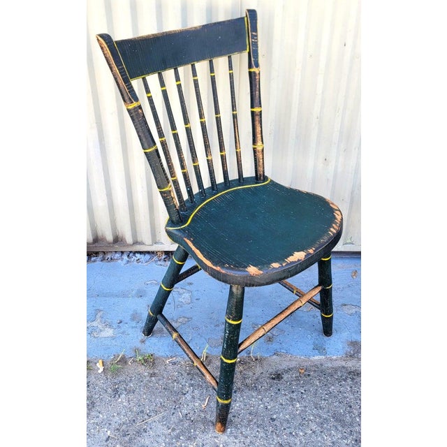 19Thc Origin. Green Paint & Mustard Stripe Thumb Back Windsor Chairs Set of Five For Sale - Image 4 of 8