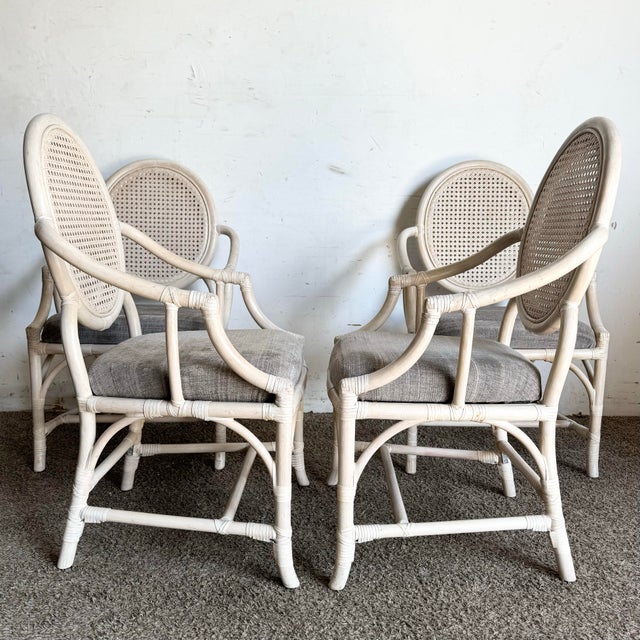 Wood Coastal White Washed Cane Back Rattan Dining Arm Chairs - Set of 4 For Sale - Image 7 of 8