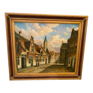 Vintage Mid 20th Century Dutch Street Scene European Oil Painting Signed