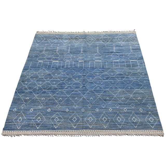 Modern Moroccan Indigo Blue Geometric Handmade Wool Rug 12x16 For Sale - Image 4 of 10