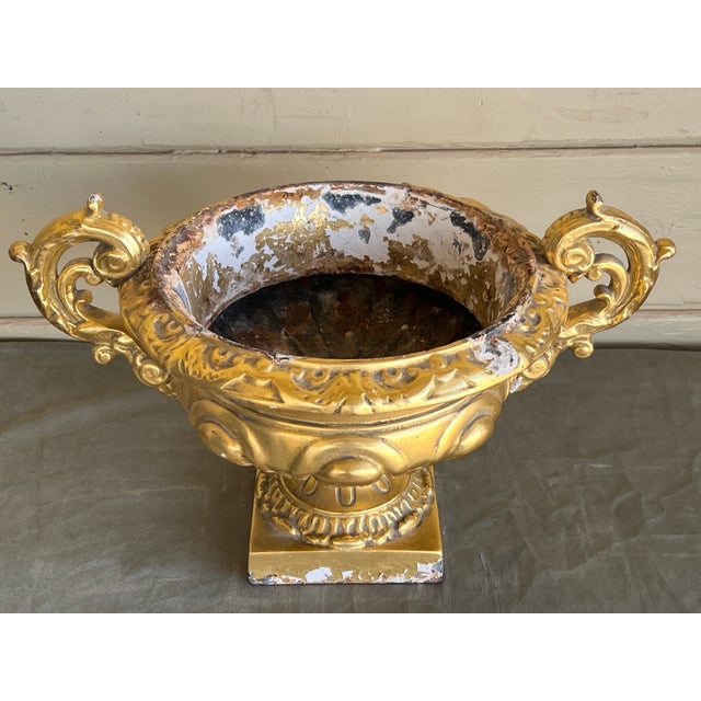 1940s Vintage Large French Baroque Cast Metal Polychrome Water Gilt Vase Jardiniére For Sale - Image 5 of 13