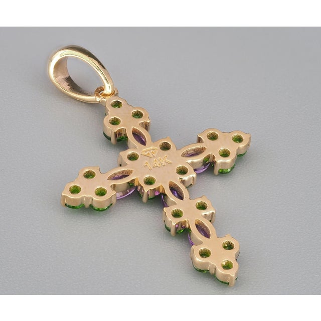 Modern Amethysts, Tsavorites 14k Gold Cross Pendant For Sale - Image 3 of 6
