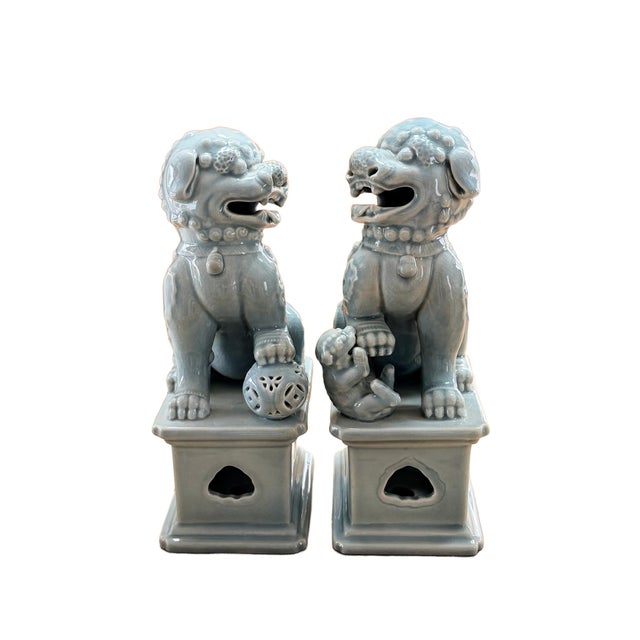 Ceramic Pair of Ceramic Celadon Glaze Foo Dogs For Sale - Image 7 of 12