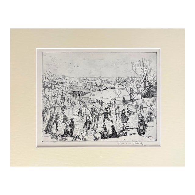 Vintage 1939 Print in 11x14 Mat: Lauren Ford "Milton Pond, Thanksgiving Day" MA For Sale