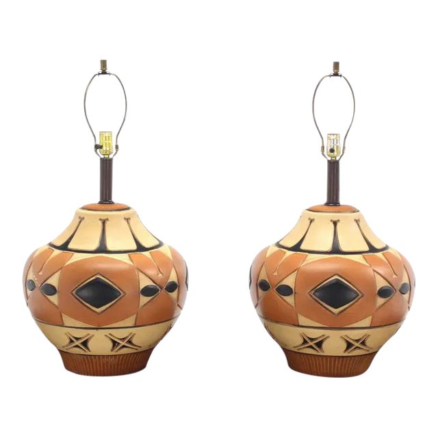 Burnt Orange Vintage Mid-Century Art Pottery Vase Table Lamps - A Pair For Sale - Image 8 of 8