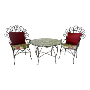Vintage Wrought Iron Dorothy Draper Style Bistro Table & 2 Peacock Chairs