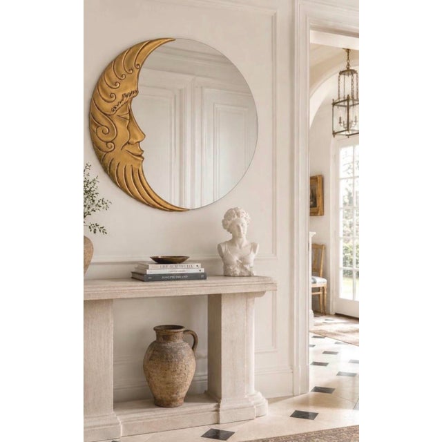 Large 1990s celestial Man in the Moon wall mirror featuring a gold crescent moon with a smiling face surrounding a round...