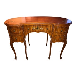 1930s French Hand Painted Desk, Vanity, Floral Design, and Chair. For Sale