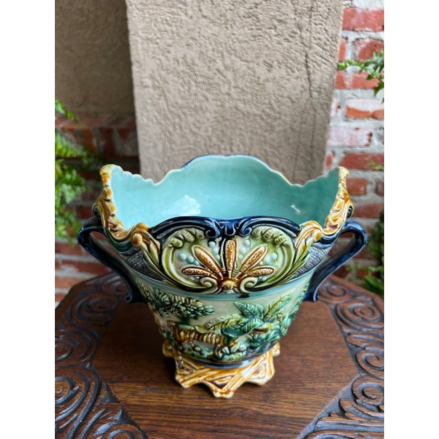Antique French Majolica Jardinière Onnaing Tiger Monkey Jungle