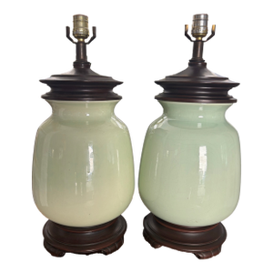 Mid 20th Century Large Scale Soft Green Ginger Jar Lamps by Haegar, a Pair