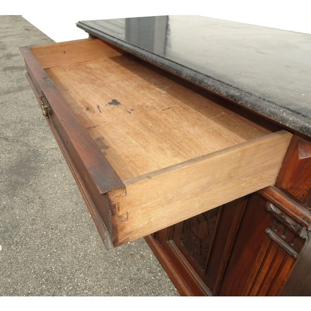 Wood Antique French Victorian Ornate Sideboard Cabinet Entry Table Black Granite Top For Sale - Image 7 of 13