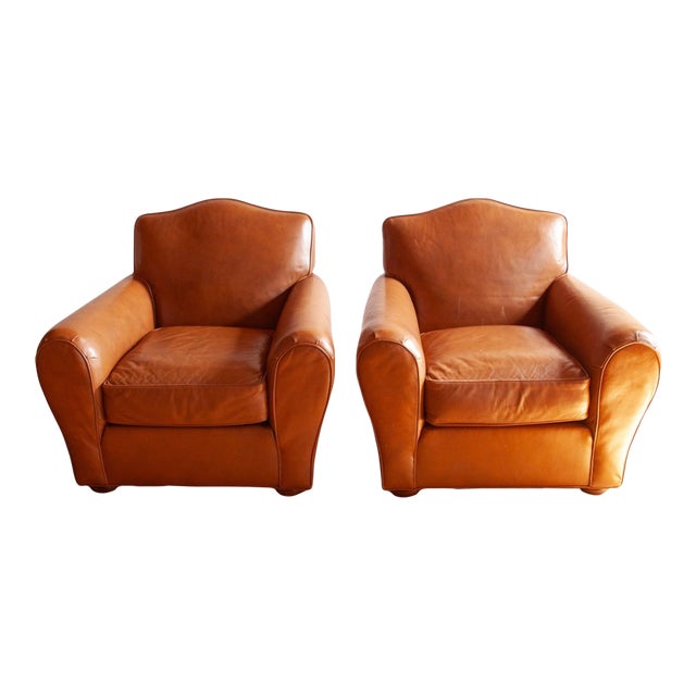 Pair of Art Deco Moustache Leather Club Chairs For Sale