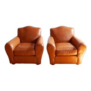 Pair of Art Deco Moustache Leather Club Chairs