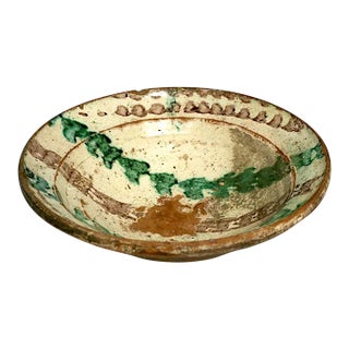 18th Century Hand Turned Antique Redware Bowl With Slip Glaze Decoration, Western Mediterranean For Sale