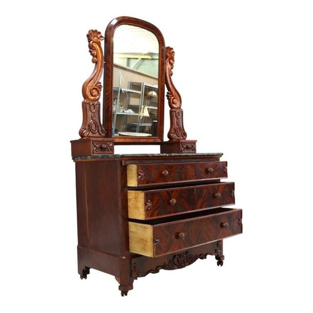 First Empire Classical Flame Mahogany 3-Drawer Black Marble Top Dresser C1840 For Sale - Image 4 of 16