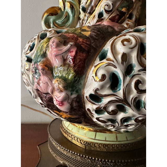 Grand Tour Capodimonte Lamp Pair With Giant 50s Shades For Sale - Image 3 of 9