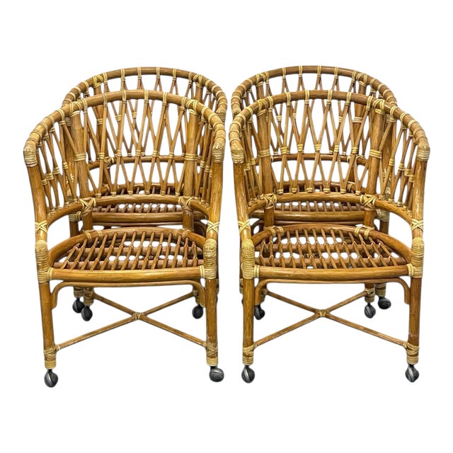Vintage McGuire Rattan Barrel Chairs on Casters – Set of 4 For Sale