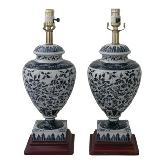 1980s Blue & White Classic Design Ceramic Lamps - Pair For Sale
