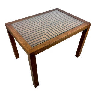 Mid Century Modern Walnut Glass Top Side Table by Lane Furniture For Sale