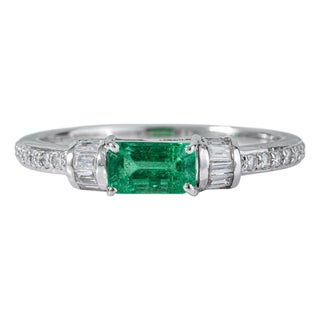 14k Gold East-West Zambian Octagon Emerald & Baguette Diamond Ring Size 7 For Sale